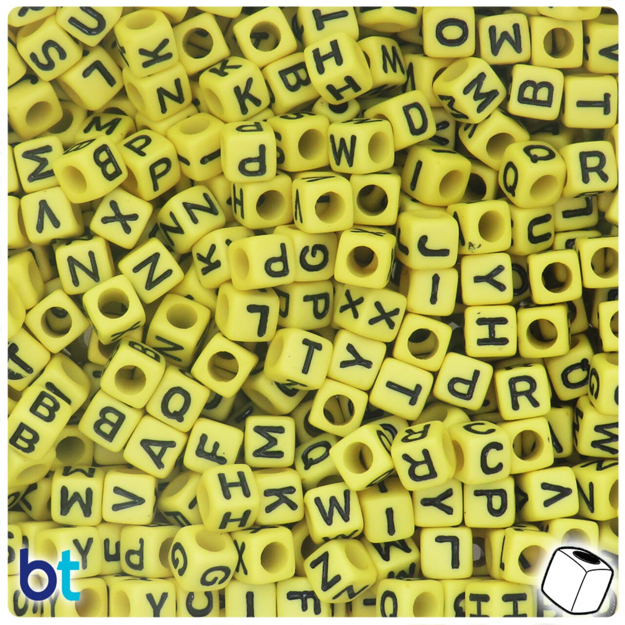BeadTin Yellow Opaque 6mm Cube Plastic Alpha Beads - Black Letter Mix (200pcs)